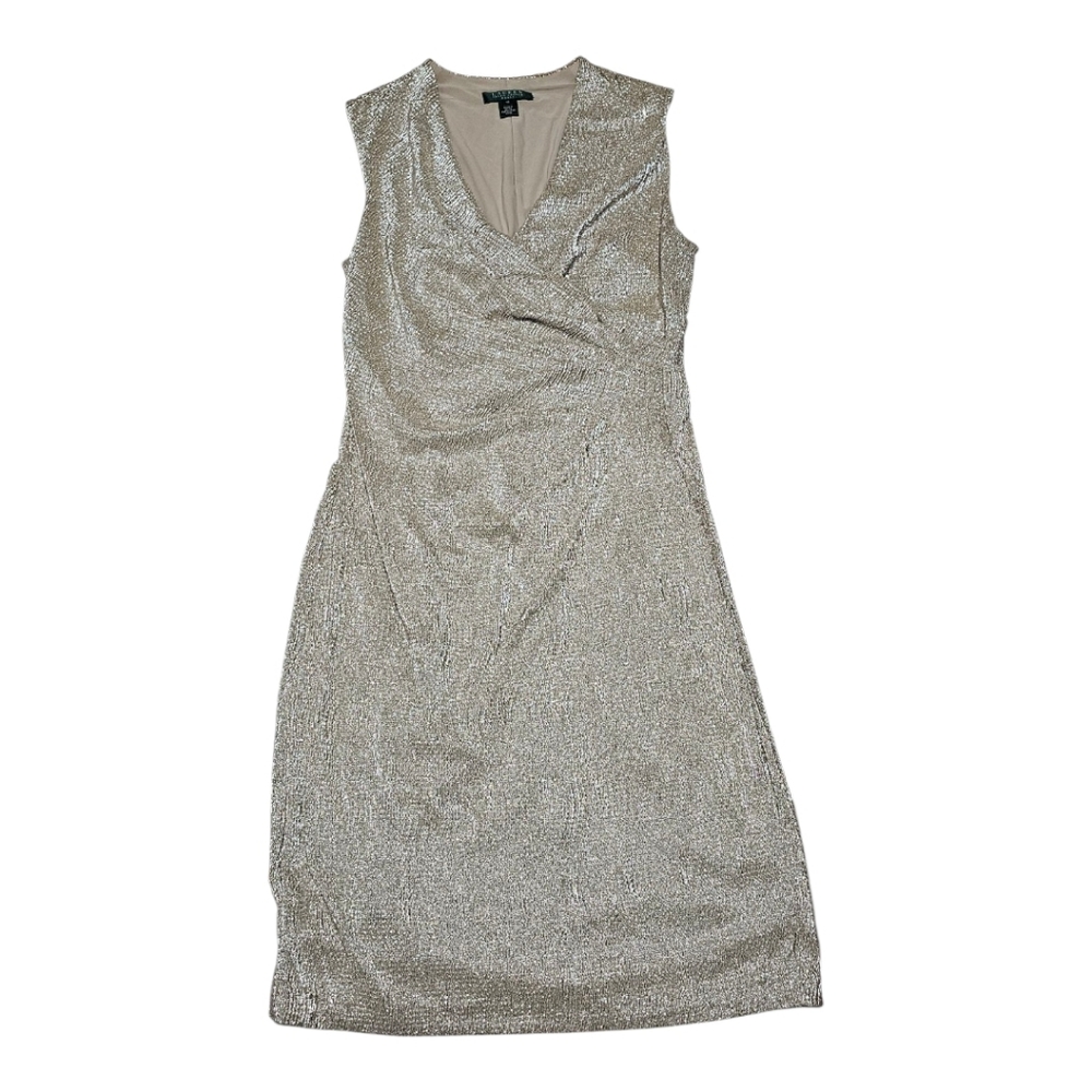 LRL Lauren Ralph Size 10 Champagne Cocktail Wrap Sheath Dress Shimmer
